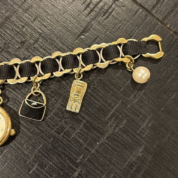 Anne Klein Charm Watch Bracelet Heart Black Ribbon Logo Bag Shoe Cell Gold​ - Picture 4 of 9